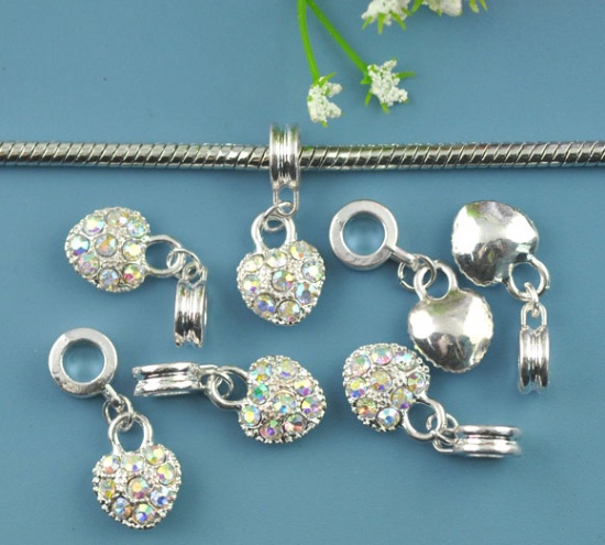 Picture of European Style Large Hole Charm Dangle Beads Heart Silver Plated AB Color Rhinestone 26mm x 10mm, 10 PCs