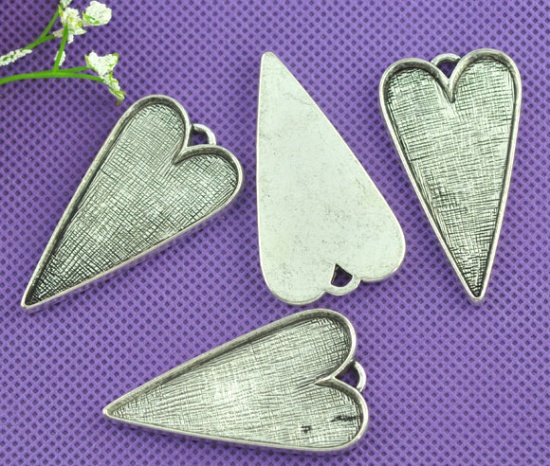 Picture of Zinc Based Alloy Cabochon Settings Pendants Heart Antique Silver Color (Fits 40mm x 26mm) 53mm x 30mm, 5 PCs