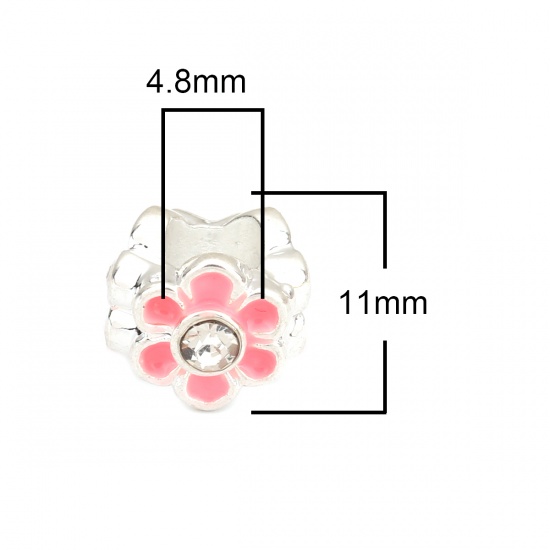 Picture of Zinc Metal Alloy European Style Large Hole Charm Beads Flower silver plated Clear Rhinestone Pink Enamel About 11mm x 8mm, Hole: Approx 4.8mm, 10 PCs