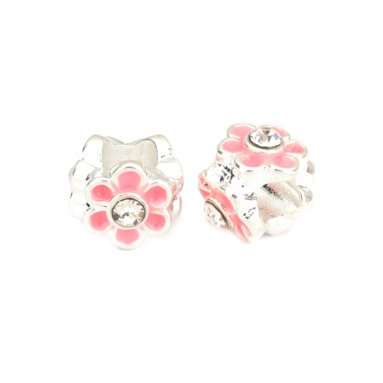 Picture of Zinc Metal Alloy European Style Large Hole Charm Beads Flower silver plated Clear Rhinestone Pink Enamel About 11mm x 8mm, Hole: Approx 4.8mm, 10 PCs