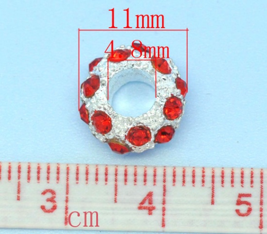 Picture of Zinc Metal Alloy European Style Large Hole Charm Beads Round Silver Plated Mixed Rhinestone About 11mm Dia, Hole: Approx 4.8mm, 10 PCs