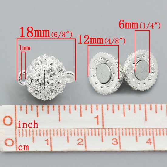 Bild von Zinklegierung Magnetverschluss Rund Versilbert mit Weiß Strass 18mm x 12mm 5 Sets