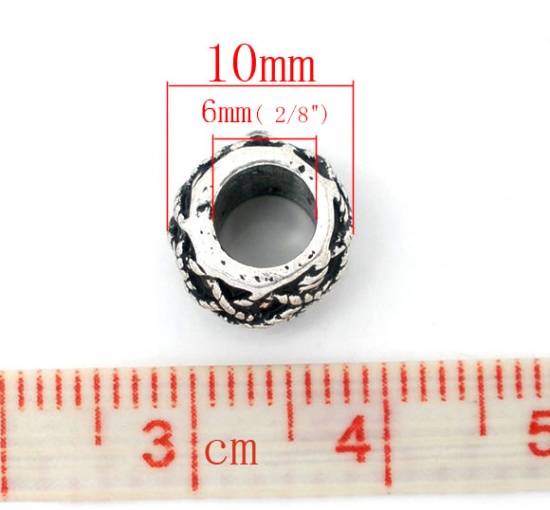 Picture of 20 PCs Zinc Based Alloy European Style Large Hole Charm Beads Antique Silver Color Round Grid Checker 8.5mm x 6.5mm, Hole: Approx 5mm