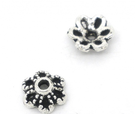 Lega di Zinco Coppette Copriperla Fiore Argento Antico (Addetti 8mm-12mm Perline) Hollow Disegno 6mm x 2.8mm, 300 Pz