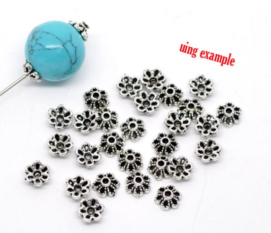 Picture of Zinc Based Alloy Beads Caps Flower Antique Silver Color (Fits 8mm-12mm Beads) 6mm x 2.8mm, 300 PCs