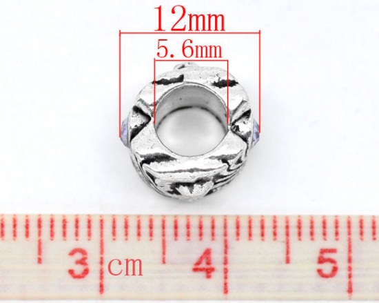 Picture of Zinc Metal Alloy European Style Large Hole Charm Beads Flower Antique Silver Mixed Rhinestone Pattern About 12mm x 8mm, Hole: Approx 5.6mm, 10 PCs