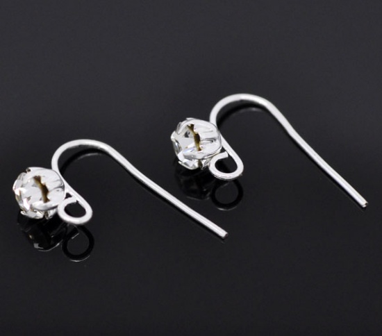 Picture of Brass & Rhinestone Ear Wire Hooks Earring Findings Silver Plated 18mm( 6/8") x 12mm( 4/8"), Post/ Wire Size: (21 gauge), 50 PCs                                                                                                                               