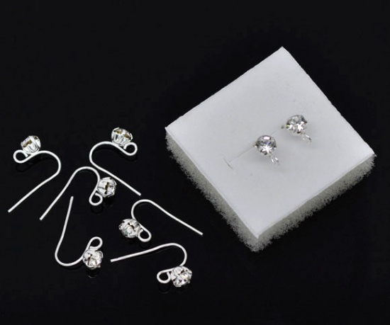 Picture of Brass & Rhinestone Ear Wire Hooks Earring Findings Silver Plated 18mm( 6/8") x 12mm( 4/8"), Post/ Wire Size: (21 gauge), 50 PCs