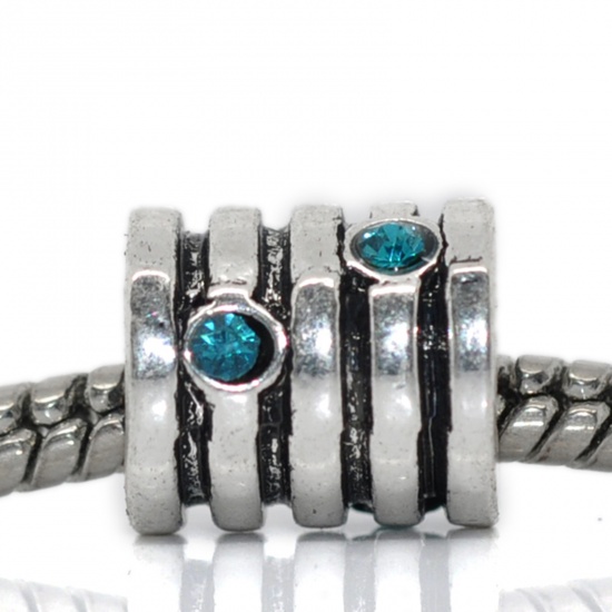 Picture of Zinc Metal Alloy European Style Large Hole Charm Beads Cylinder Antique Silver Stripe Peacock Blue Rhinestone About 9mm x 8mm, Hole: Approx 4.5mm, 10 PCs