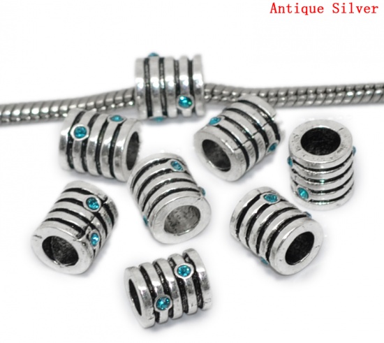 Picture of Zinc Metal Alloy European Style Large Hole Charm Beads Cylinder Antique Silver Stripe Peacock Blue Rhinestone About 9mm x 8mm, Hole: Approx 4.5mm, 10 PCs