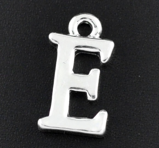 Picture of Zinc Based Alloy Charms Initial Alphabet/ Letter "E" Silver Plated 16mm( 5/8") x 9mm( 3/8"), 30 PCs