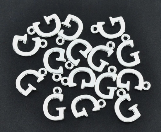 Bild von Zinklegierung Charm Anfangsbuchstaben " G " Versilbert 16mm x 10mm 30 Stück