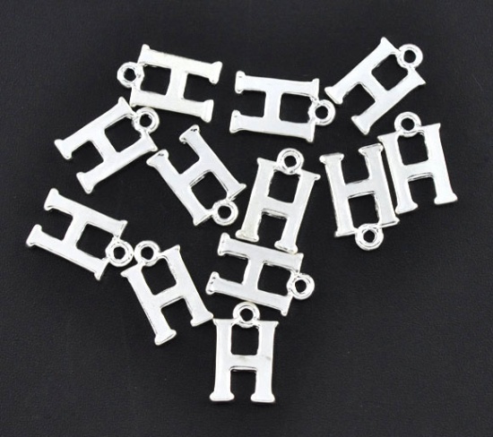 Picture of Zinc Based Alloy Charms Initial Alphabet/ Letter "H" Silver Plated 15mm( 5/8") x 9mm( 3/8"), 30 PCs