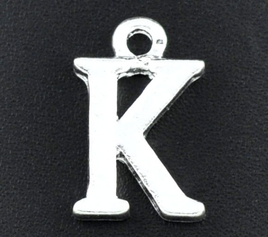 Picture of Zinc Based Alloy Charms Initial Alphabet/ Letter " K " Silver Plated 15mm( 5/8") x 10mm( 3/8"), 30 PCs