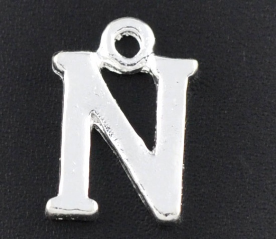 Picture of Zinc Based Alloy Charms Initial Alphabet/ Letter " N " Silver Plated 15mm( 5/8") x 10mm( 3/8"), 30 PCs