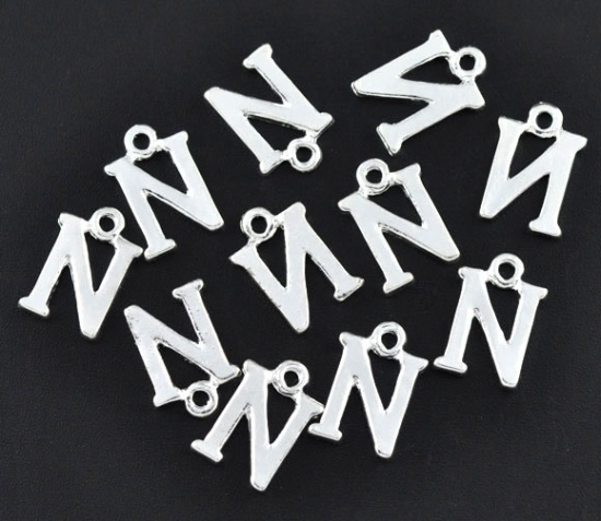 Picture of Zinc Based Alloy Charms Initial Alphabet/ Letter " N " Silver Plated 15mm( 5/8") x 10mm( 3/8"), 30 PCs
