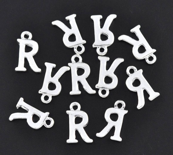 Picture of Zinc Based Alloy Charms Initial Alphabet/ Letter " R " Silver Plated 16mm( 5/8") x 9mm( 3/8"), 30 PCs