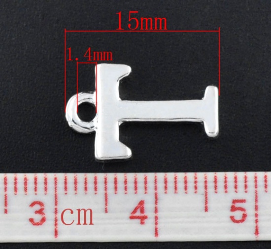 Изображение Цинковый сплав очаровывает Первоначальный алфавит / письмо "T" Посеребренная 15мм (5/8 ") х 10 мм (3/8"), 30 шт