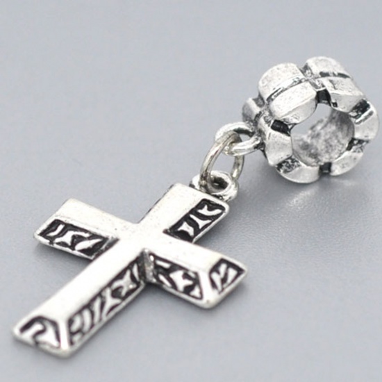 Bild von European Stil Charm Großloch Dangling Perlen Antiksilber Kreuz 40x17mm, 10 Stücke