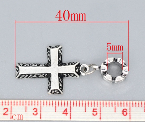 Immagine di Lega di Zinco Stile Europeo Charm Dangle PerlineCroce Argento Antico 4.0cm x 17.0mm, 10 Pz