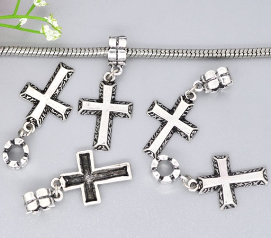 Picture of European Style Large Hole Charm Dangle Beads Cross Antique Silver 4cm x 17mm, 10 PCs