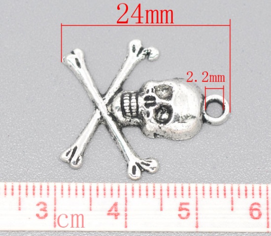 Picture of Zinc Based Alloy Halloween Charms Skull Antique Silver Color 24x21mm(1"x 7/8"), 30 PCs