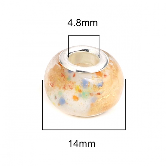 Picture of Glass European Style Large Hole Charm Beads Round White Silver Plated Core Spot Carved Foil About 14mm Dia, Hole: Approx 4.8mm, 10 PCs0