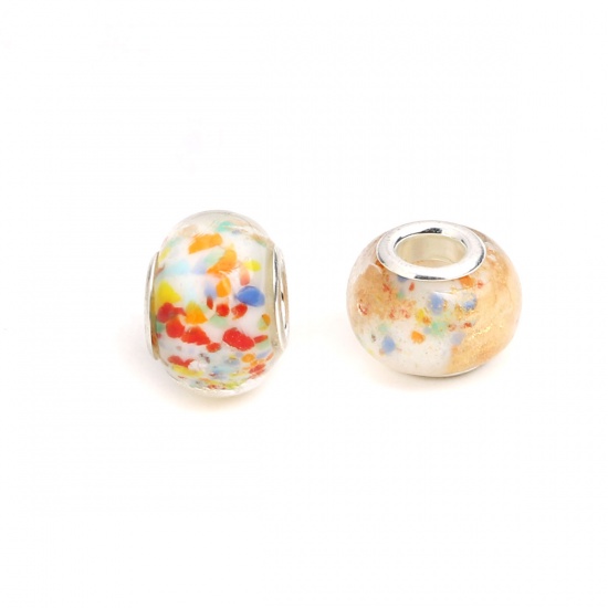 Picture of Glass European Style Large Hole Charm Beads Round White Silver Plated Core Spot Carved Foil About 14mm Dia, Hole: Approx 4.8mm, 10 PCs0