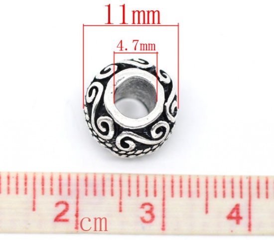 Immagine di Lega di Zinco Stile Europeo Perline Tondo Argento Antico Circa 11mm Dia, Foro: Circa 4.7mm, 20 Pz