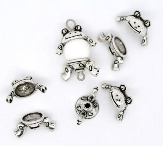 Picture of Zinc Based Alloy Beads Caps Frog Animal Antique Silver Color Pattern (Fit Beads Size: 8mm-10mm Dia.) 15mm x 9mm 15mm x 7mm, 10 Sets