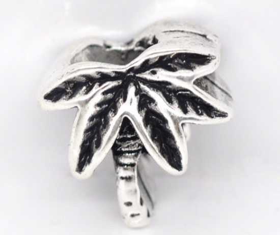 Picture of Zinc Metal Alloy European Style Large Hole Charm Beads Coconut Palm Tree Antique Silver About 14mm x 13mm, Hole: Approx 4.7mm, 20 PCs