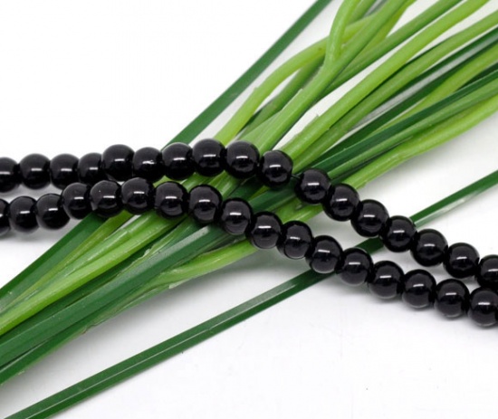 Picture of Glass Pearl Imitation Beads Round Black About 6mm Dia, Hole: Approx 1mm, 82cm long, 5 Strands (Approx 145 PCs/Strand)