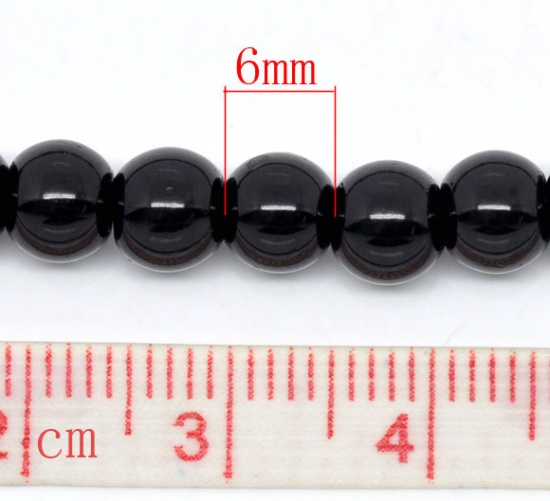 Picture of Glass Pearl Imitation Beads Round Black About 6mm Dia, Hole: Approx 1mm, 82cm long, 5 Strands (Approx 145 PCs/Strand)