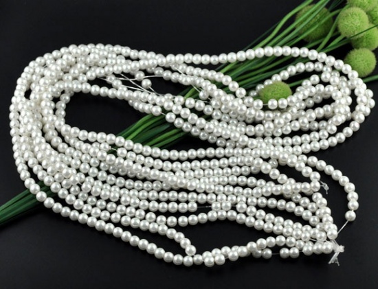 Picture of Glass Pearl Imitation Beads Round White About 8mm Dia, Hole: Approx 1mm, 82cm long, 5 Strands (Approx 110 PCs/Strand)
