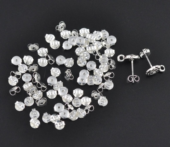 Picture of Brass Ear Nuts Post Stopper Earring Findings Butterfly Silver Plated 6mm Dia., 1000 PCs                                                                                                                                                                       
