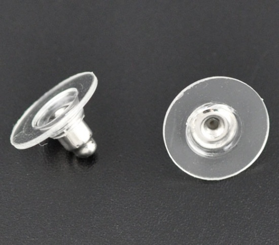 Picture of Plastic Ear Nuts Post Stopper Earring Findings Round Silver Tone Transparent 11mm x 6mm, 200 PCs