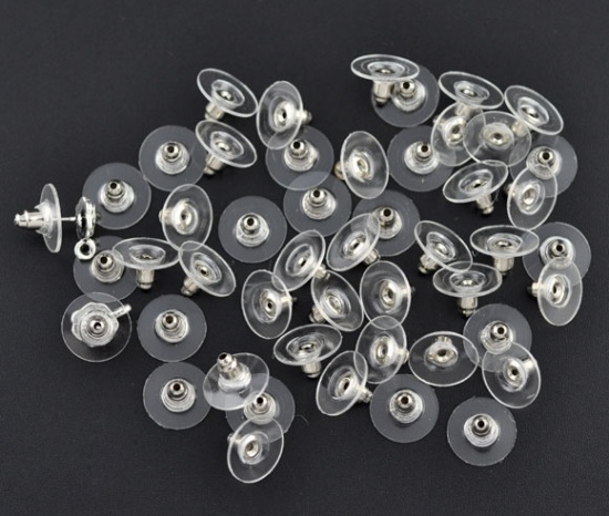 Picture of Plastic Ear Nuts Post Stopper Earring Findings Round Silver Tone Transparent 11mm x 6mm, 200 PCs