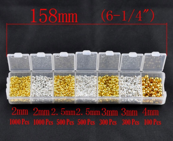 Picture of 1 Box (Approx 3700 PCs/Set) Plastic & Brass Knot Cover Crimp Beads For DIY Jewelry Making Findings Round Gold Plated & Silver Plated 2mm-4mm Dia.