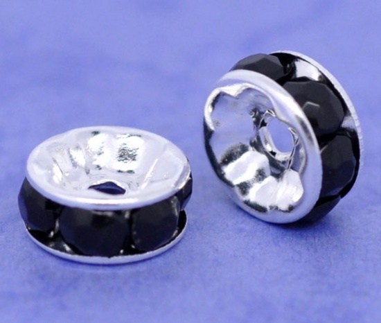 Picture of Brass Rondelle Spacer Beads Round Silver Plated Black Rhinestone About 8mm( 3/8") Dia, Hole:Approx 1.3mm, 100 PCs                                                                                                                                             