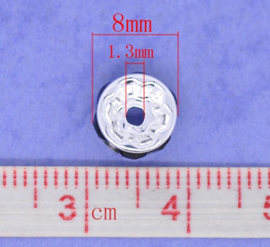 Picture of Brass Rondelle Spacer Beads Round Silver Plated Black Rhinestone About 8mm( 3/8") Dia, Hole:Approx 1.3mm, 100 PCs                                                                                                                                             