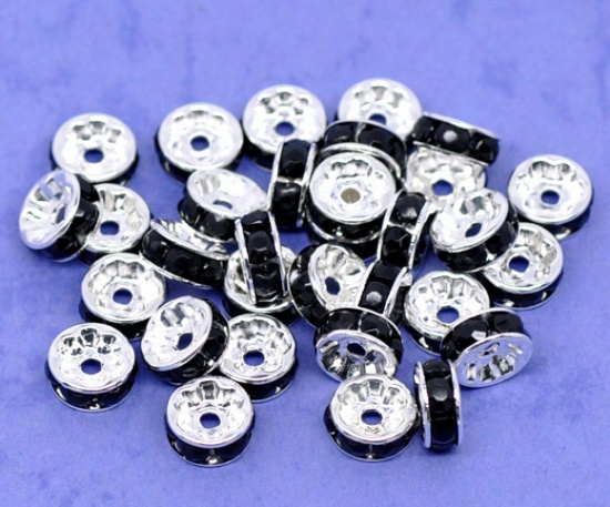 Picture of Brass Rondelle Spacer Beads Round Silver Plated Black Rhinestone About 8mm( 3/8") Dia, Hole:Approx 1.3mm, 100 PCs                                                                                                                                             