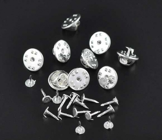 Picture of Brass Tie Tac Lapel Pin Brooches Findings Silver Plated 11.5x6mm 8x1.2mm, 100 Sets                                                                                                                                                                            