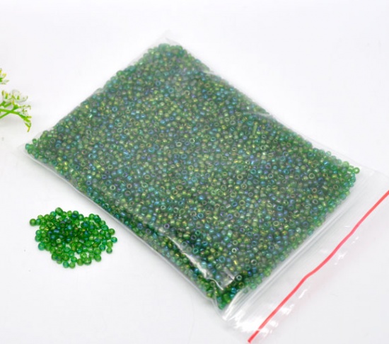 Picture of 10/0 Glass Seed Beads Round Rocailles Green AB Color About 2mm Dia, Hole: Approx 0.6mm, 100 Grams