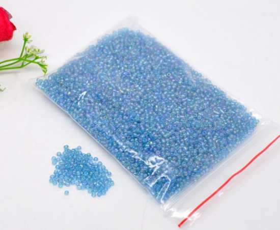 Picture of 10/0 Glass Seed Beads Round Rocailles Light Blue AB Color About 2mm Dia, Hole: Approx 0.6mm, 100 Grams