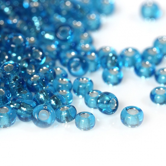 Picture of 10/0 Glass Seed Beads Round Rocailles Aqua Blue Silver Lined About 2mm Dia, Hole: Approx 0.6mm, 100 Grams