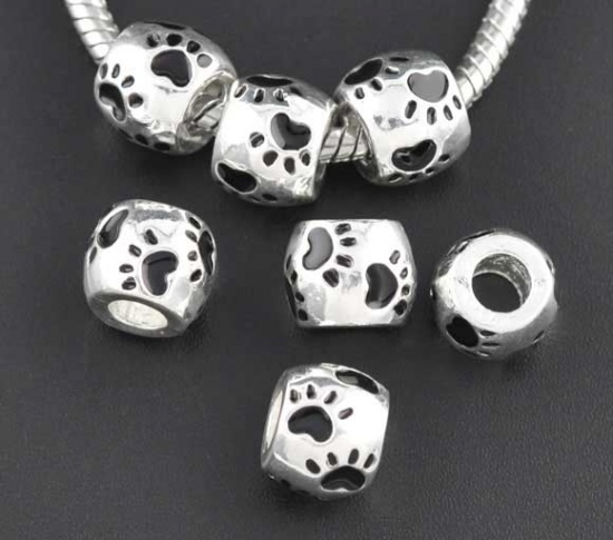 Picture of Zinc Metal Alloy European Style Large Hole Charm Beads Drum Silver Plated Bear Paw Carved Black Enamel About 10mm x 9mm, Hole: Approx 4.8mm, 10 PCs