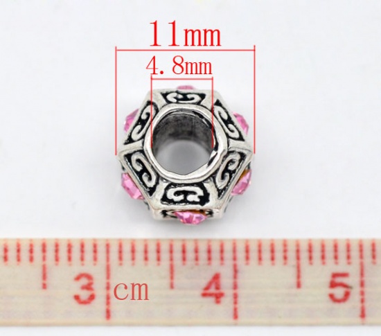 Picture of Zinc Metal Alloy European Style Large Hole Charm Beads Hexagon Antique Silver Pattern Light Pink Rhinestone About 11mm x 10mm, Hole: Approx 4.8mm, 10 PCs