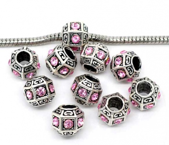 Picture of Zinc Metal Alloy European Style Large Hole Charm Beads Hexagon Antique Silver Pattern Light Pink Rhinestone About 11mm x 10mm, Hole: Approx 4.8mm, 10 PCs