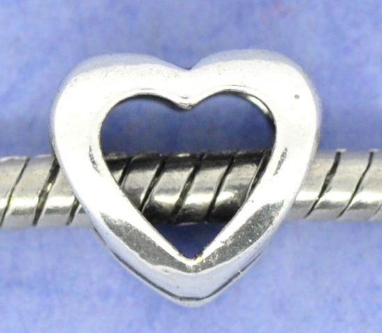 Bild von Zinklegierung European Stil Charm Großlochperlen Antik Silber Filigran Herz 11x10 Stückemm, 30 Stücke