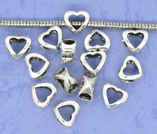 Picture of Zinc Metal Alloy European Style Large Hole Charm Beads Hollow Love Heart Antique Silver 11x10mm, 30 PCs